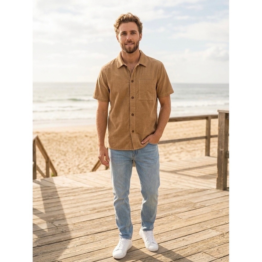 Rhythm Mens Corduroy Short Sleeve Button Down Shirt Tan Brown Cotton Size S
